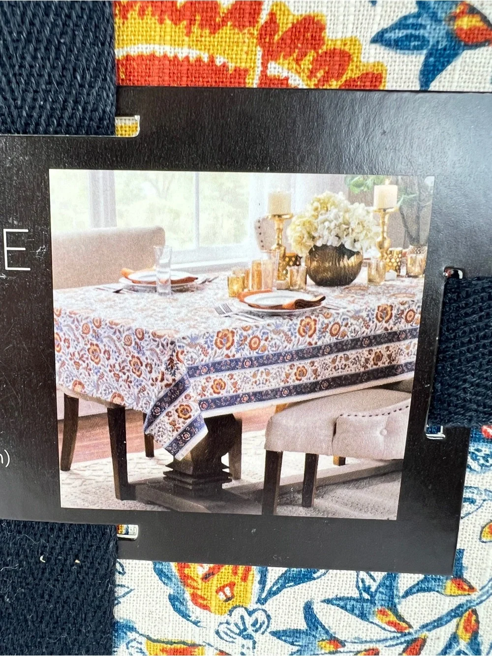 Rachel Zoe FALL Tablecloth 6 Napkins Blue Orange Cream Floral Birds 60 x 120 NEW